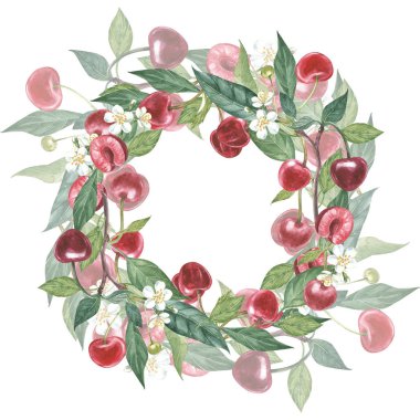 Suluboya çelenk kiraz ve yaprak çizim çiçek çizilmiş. Suluboya botanik illüstrasyon izole beyaz arka plan üzerinde.