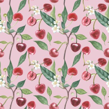 Hand-drawn watercolor wreath of flowers of cherry and leaves illustration. Watercolor botanical illustration seamless pattern. clipart