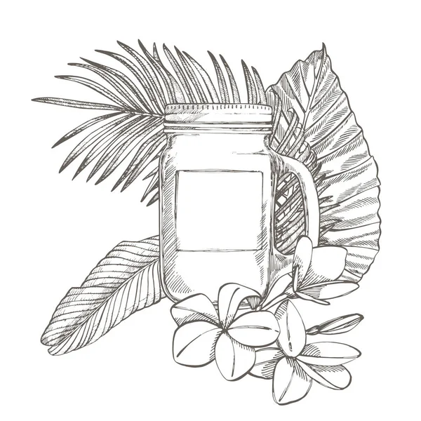 Composizione questo Tumbler e foglie di palma tropicale, illustrazione vettoriale. Illustrazione grafica dipinta a mano. Posto per testo . — Vettoriale Stock