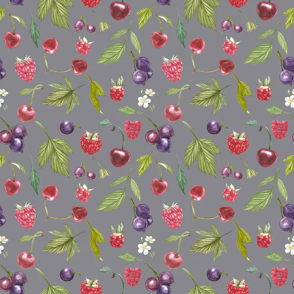 Set of hand drawn berries isolated on white background. Blackcurrant, cherry, raspberry. Watercolor hand drawn sketch berries. Seamless pattern.