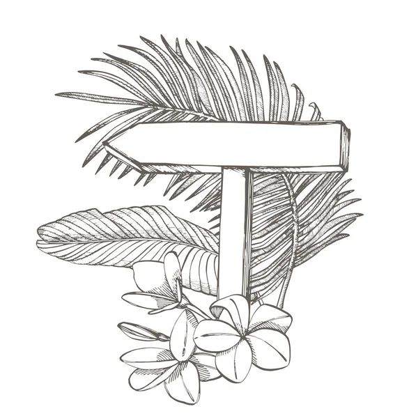 Samenstelling dit bord en tropische palm bladeren, vectorillustratie. Grafische hand getekend geschilderde afbeelding. Plaats voor tekst — Stockvector