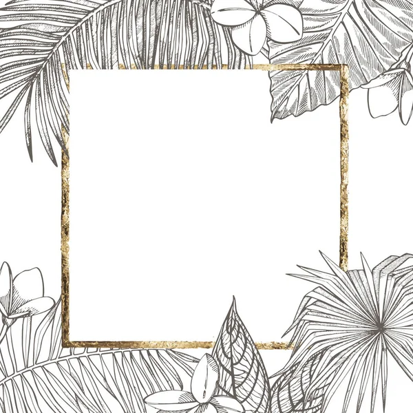 Verão folhas tropicais vetor design. Ilustração de fundo floral. Convite ou design de cartão com folhas da selva . —  Vetores de Stock