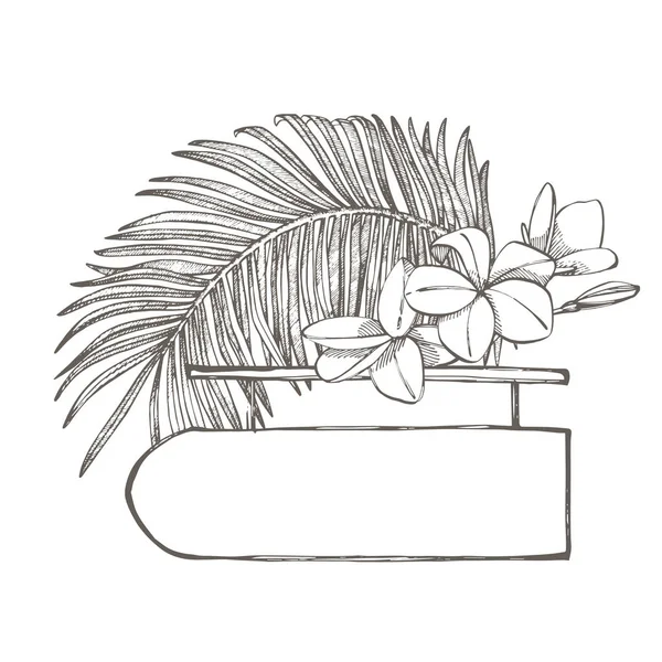Composizione questo cartello e foglie di palma tropicale, illustrazione vettoriale. Illustrazione grafica dipinta a mano. Posto per testo — Vettoriale Stock