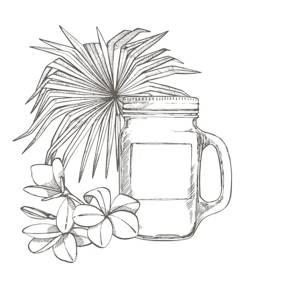 Composição deste Tumbler e folhas de palma tropicais, ilustração vetorial. Gráfico desenhado à mão ilustração pintada. Lugar para texto . — Vetor de Stock