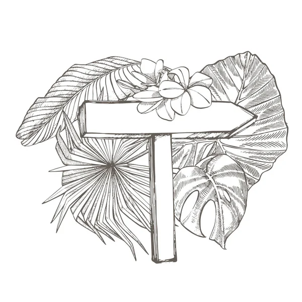 Composizione questo cartello e foglie di palma tropicale, illustrazione vettoriale. Illustrazione grafica dipinta a mano. Posto per testo — Vettoriale Stock