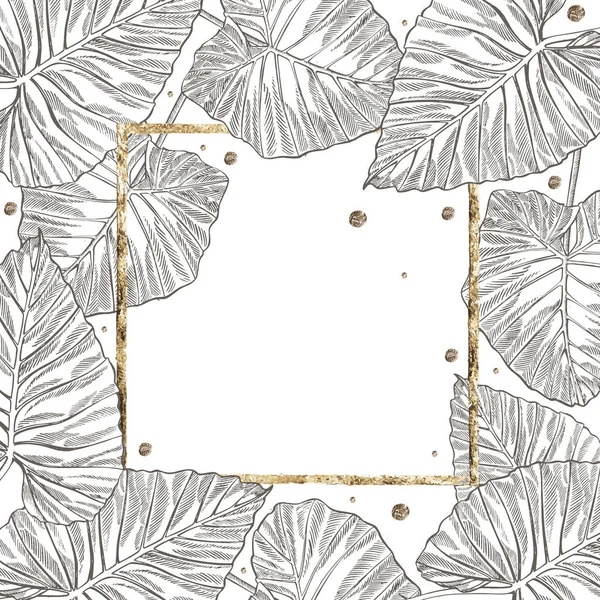 Летние тропические листья векторной конструкции с золотой рамой. Цветочный фон. Дизайн приглашения или карты с листьями джунглей . — стоковый вектор
