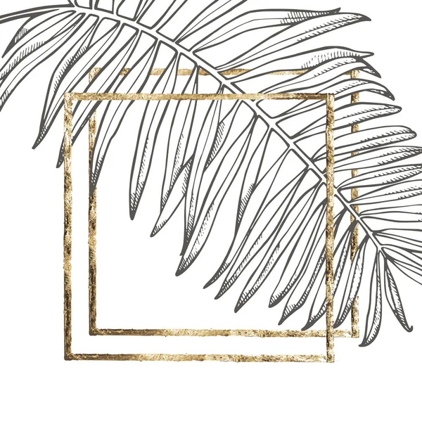 Verão folhas tropicais design vetorial com moldura de ouro. Ilustração de fundo floral. Convite ou design de cartão com folhas da selva . —  Vetores de Stock