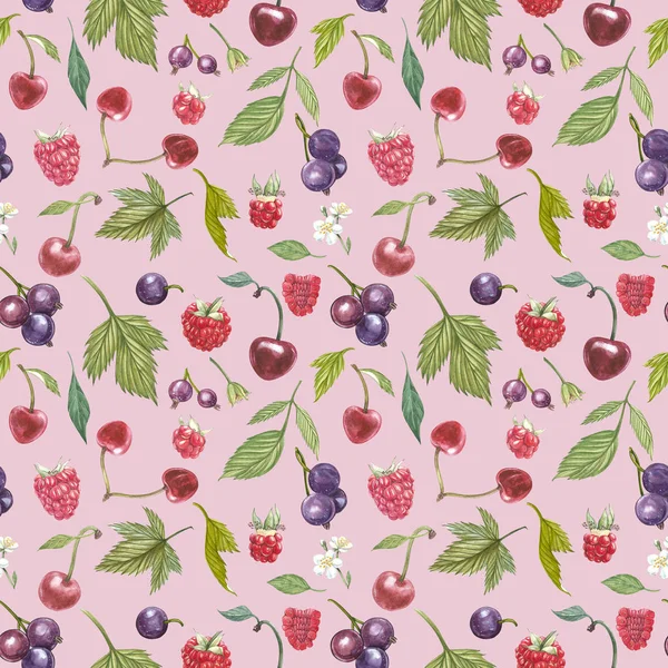 Set of hand drawn berries isolated on white background. Blackcurrant, cherry, raspberry. Watercolor hand drawn sketch berries. Seamless pattern.