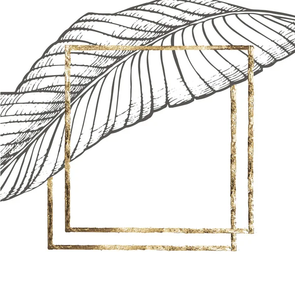Verão folhas tropicais design vetorial com moldura de ouro. Ilustração de fundo floral. Convite ou design de cartão com folhas da selva . — Vetor de Stock