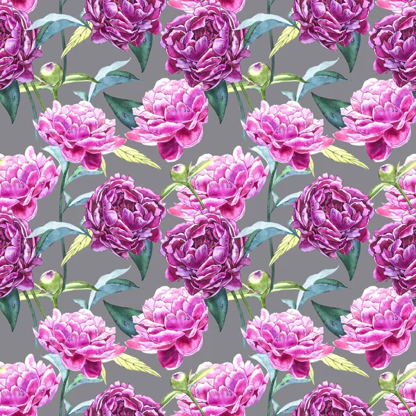 Sfondo senza cuciture con fiori di peonia. Illustrazione ad acquerello. Grafico disegno a mano motivo floreale. Tessuto design tessuto . — Foto Stock