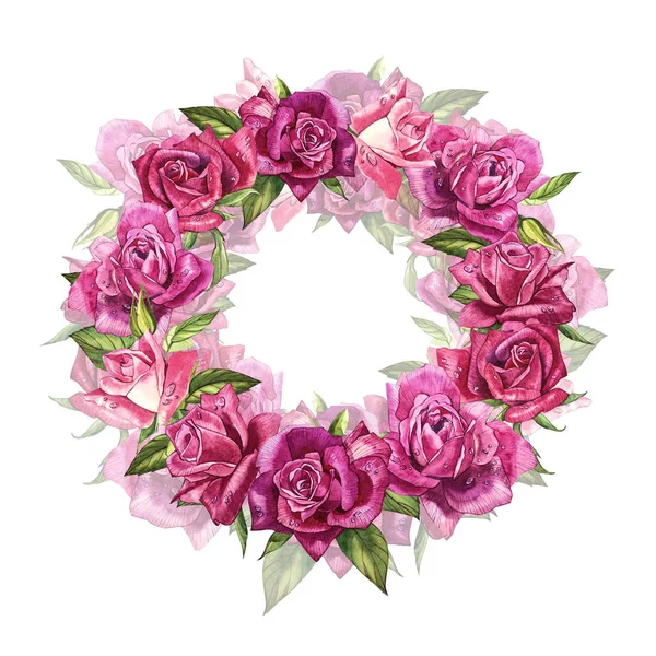 Watercolor botanical illustration. Wreath border frame with roses flowers. — Stock Photo, Image
