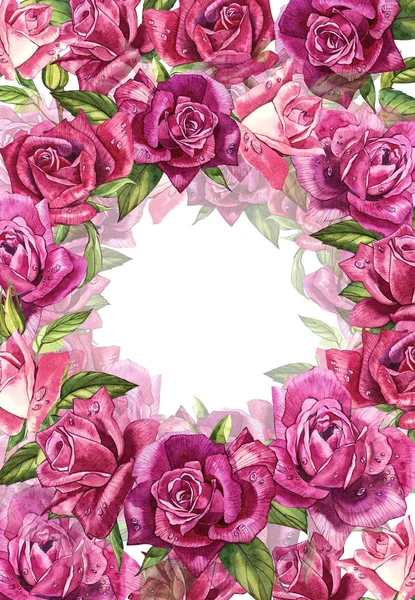 Natural pink roses background. Frame of red and pink roses, watercolor illustration. — Stock Photo, Image