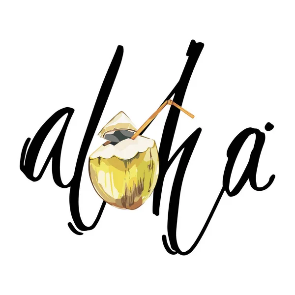 Zwrot literowy - Aloha. Skład z akwarelą ręcznie rysowane kokosy. Tło dla opakowań żywności, plakaty kart. izolowany na białym. — Zdjęcie stockowe