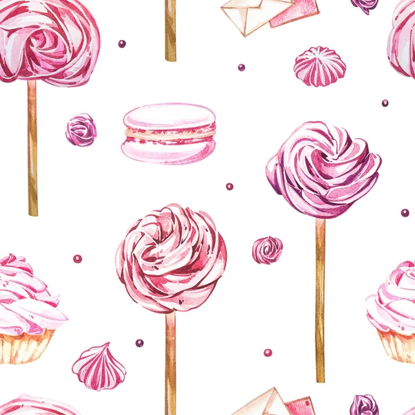 Watercolor image of a seamless pattern of sweets, candies in the shape of hearts, chocolates, cakes and envelope, Valentines Day. Perfect for cards, prints, invitations, birthday cards. — Stock Photo, Image