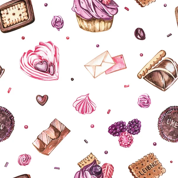 Akvarell kép a zökkenőmentes minta édességek, cukorka alakú szív, csokoládé, sütemények és boríték, Valentin-nap. Tökéletes kártyák, ujjlenyomatok, meghívók, születésnapi kártyák. — Stock Fotó