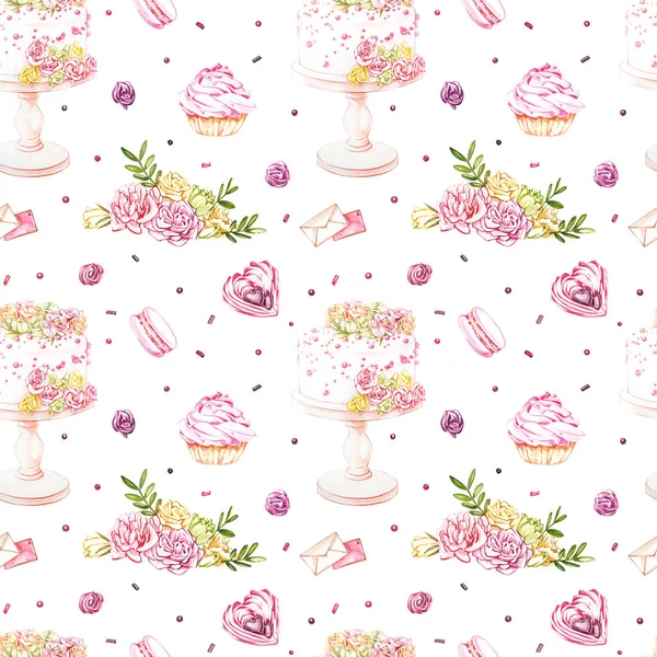 Watercolor image of a seamless pattern of sweets, candies in the shape of hearts, chocolates, cakes and envelope, Valentines Day. Perfect for cards, prints, invitations, birthday cards. — Stock Photo, Image