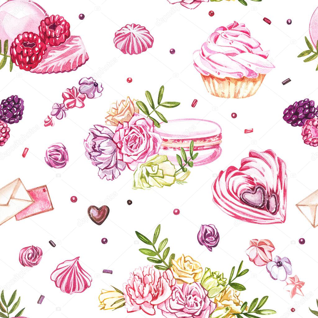 Watercolor image of a seamless pattern of sweets, candies in the shape of hearts, chocolates, cakes and envelope, Valentines Day. Perfect for cards, prints, invitations, birthday cards.