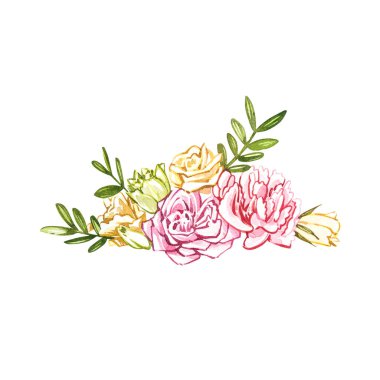 Çiçeklerin suluboya resmi beyaz arka planda izole edilmiş. Suluboya şeker koleksiyonu. Kartlar, parmak izleri, davetiyeler, doğum günü kartları için mükemmel. Pembe çiçekli romantik görüntü.