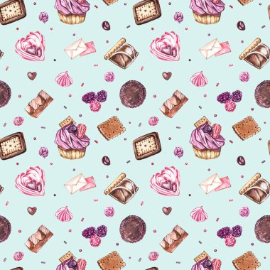 Şekerlerin kusursuz desenlerinin suluboya görüntüsü, kalp şeklinde şekerler, çikolatalar, pastalar ve zarf, Sevgililer Günü. Kartlar, baskılar, davetiyeler, doğum günü kartları için mükemmel..