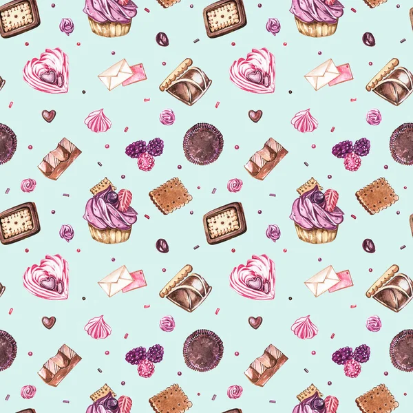 Watercolor image of a seamless pattern of sweets, candies in the shape of hearts, chocolates, cakes and envelope, Valentines Day. Perfect for cards, prints, invitations, birthday cards. — Stock Photo, Image