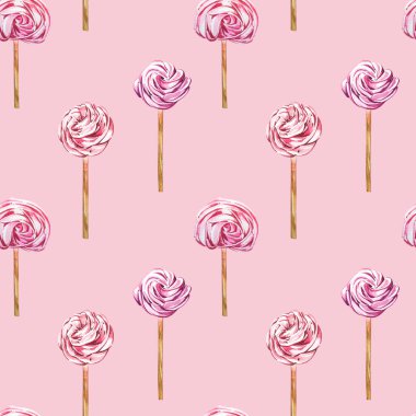 Şekerlerin kusursuz desenlerinin suluboya görüntüsü, kalp şeklinde şekerler, çikolatalar, pastalar ve zarf, Sevgililer Günü. Kartlar, baskılar, davetiyeler, doğum günü kartları için mükemmel..