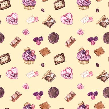 Şekerlerin kusursuz desenlerinin suluboya görüntüsü, kalp şeklinde şekerler, çikolatalar, pastalar ve zarf, Sevgililer Günü. Kartlar, baskılar, davetiyeler, doğum günü kartları için mükemmel..