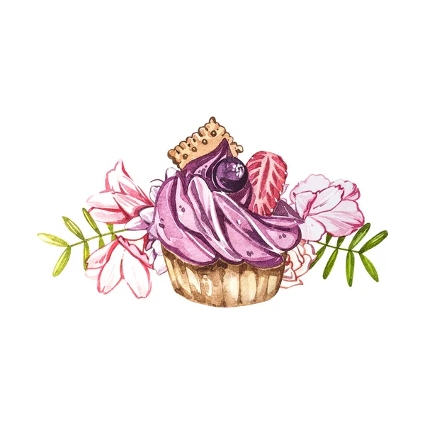 Akvarell tårta handmålade illustration isolerad på vit bakgrund. Akvarell sötsaker samling. Perfekt för kort, tryck, inbjudningar, födelsedagskort. Den romantiska bilden med tårtor och rosa — Stockfoto