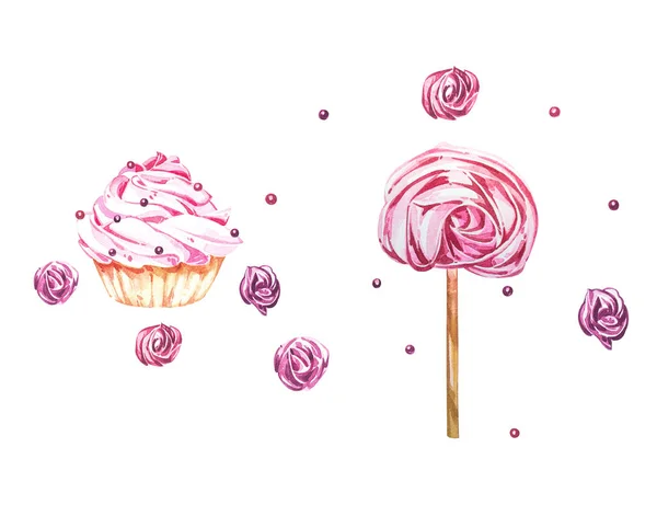 Watercolor illustration of cake. Perfect for invitation, wedding or greeting cards. With beautiful watercolor ink drops on white paper, splatter spreading on clear background. — Stock Photo, Image