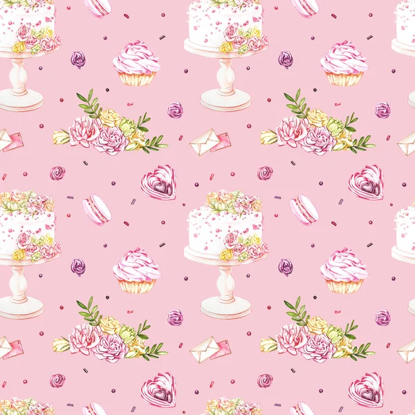 Watercolor image of a seamless pattern of sweets, candies in the shape of hearts, chocolates, cakes and envelope, Valentines Day. Perfect for cards, prints, invitations, birthday cards. — Stock Photo, Image