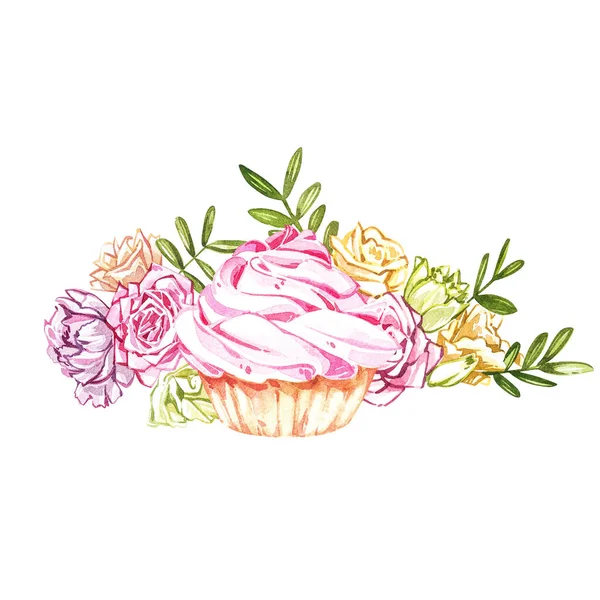 Akwarela ciasto ręcznie malowane ilustracja izolowana na białym tle. Kolekcja słodyczy akwarelowych. Idealny na kartki, odciski, zaproszenia, kartki urodzinowe. Romantyczny obraz z ciasta i różowy — Zdjęcie stockowe