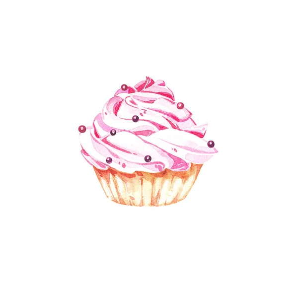 수채 색 케이크 손은 흰색 배경에 분리 된 그림을 그렸다. 수채화류 컬렉션. 카드, 인쇄, 초대장, 생일 카드에 딱 맞죠. 케이크와 핑크 색이 어우러진 로맨틱 한 이미지 — 스톡 사진