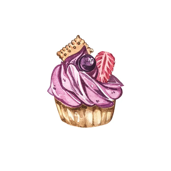 Bolo de aquarela pintado à mão ilustração isolada no fundo branco. Coleção de doces aquarela. Perfeito para cartões, impressões digitais, convites, cartões de aniversário. A imagem romântica com bolos e rosa — Fotografia de Stock