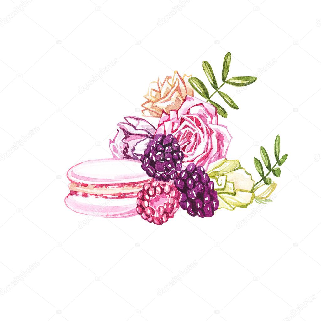 Watercolor macaroons hand painted illustration isolated on white background. Watercolor sweets collection. Perfect for cards, prints, invitations, birthday cards. The romantic image with cakes and
