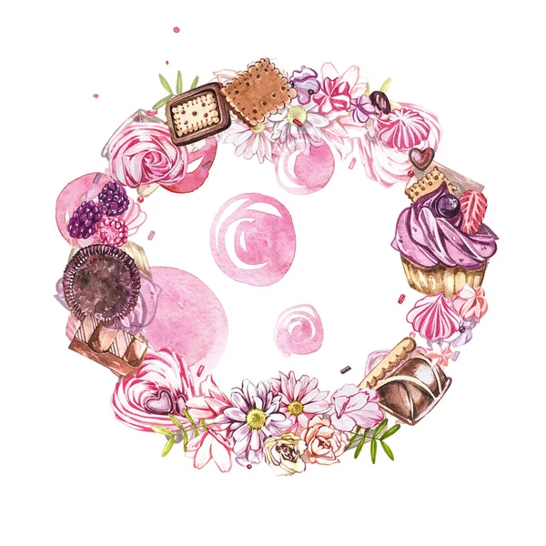 Watercolor image of a wreath of sweets, candies in the shape of hearts, chocolates, cakes and envelope, Valentines Day. Perfect for cards, prints, invitations, birthday cards. — Stock Photo, Image