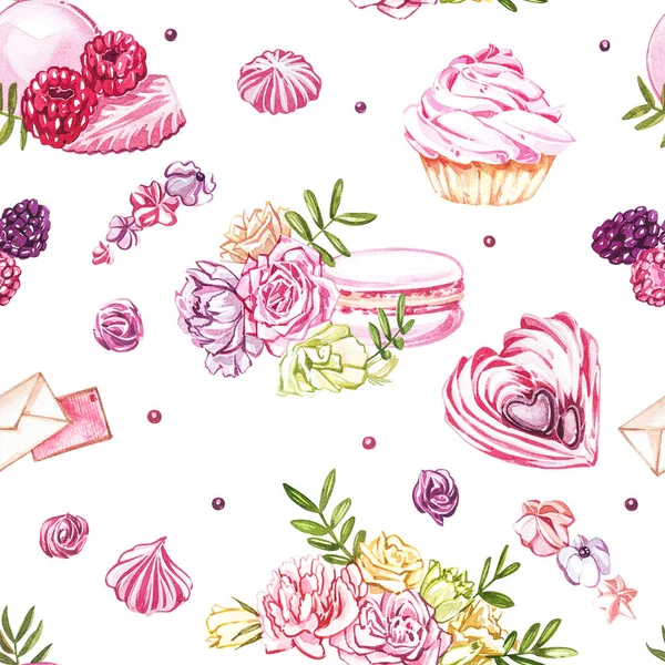 Watercolor image of a seamless pattern of sweets, candies in the shape of hearts, chocolates, cakes and envelope, Valentines Day. Perfect for cards, prints, invitations, birthday cards. — Stock Photo, Image