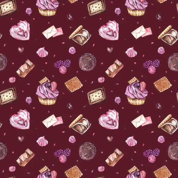 Watercolor image of a seamless pattern of sweets, candies in the shape of hearts, chocolates, cakes and envelope, Valentines Day. Perfect for cards, prints, invitations, birthday cards. — Stock Photo, Image