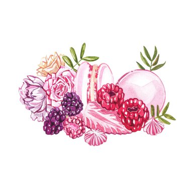 Suluboya badem kurabiyeleri beyaz arka planda izole edilmiş elle boyanmış. Suluboya şeker koleksiyonu. Kartlar, parmak izleri, davetiyeler, doğum günü kartları için mükemmel. Pastalarla romantik bir imaj.