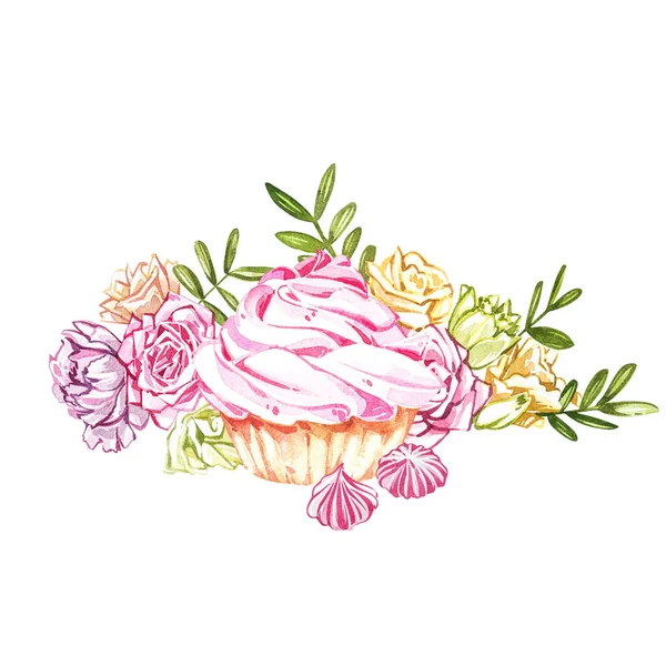 Akwarela ciasto ręcznie malowane ilustracja izolowana na białym tle. Kolekcja słodyczy akwarelowych. Idealny na kartki, odciski, zaproszenia, kartki urodzinowe. Romantyczny obraz z ciasta i różowy — Zdjęcie stockowe