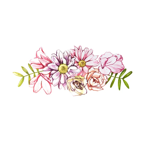 白を基調とした水彩の花手描きイラスト。スイーツコレクション。カード、プリント、招待状、誕生日カードに最適です。ピンクの花のロマンチックなイメージ. — ストック写真