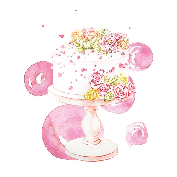 Watercolor illustration of cake with flowers. Perfect for invitation, wedding or greeting cards. With beautiful watercolor ink drops on white paper, splatter spreading on clear background. — Stock Photo, Image
