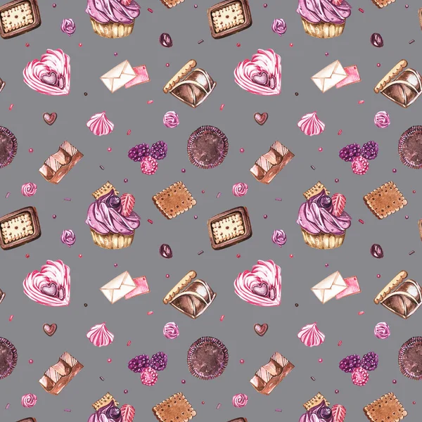 Watercolor image of a seamless pattern of sweets, candies in the shape of hearts, chocolates, cakes and envelope, Valentines Day. Perfect for cards, prints, invitations, birthday cards. — Stock Photo, Image