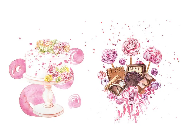 Akvarell édességek gyűjteménye. Édességek, sütemények és borítékok kompozícióinak akvarell képe. Valentin nap. Tökéletes kártyák, ujjlenyomatok, meghívók, születésnapi kártyák. — Stock Fotó
