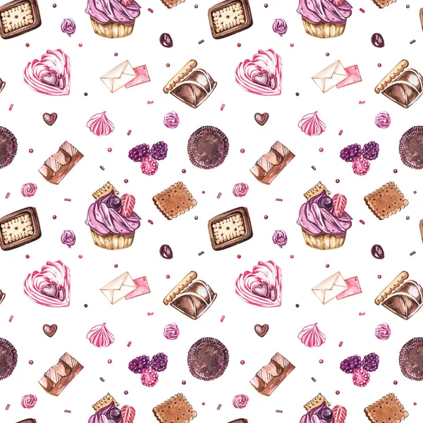 Watercolor image of a seamless pattern of sweets, candies in the shape of hearts, chocolates, cakes and envelope, Valentines Day. Perfect for cards, prints, invitations, birthday cards. — Stock Photo, Image