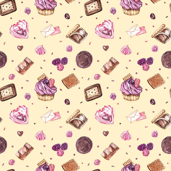 Watercolor image of a seamless pattern of sweets, candies in the shape of hearts, chocolates, cakes and envelope, Valentines Day. Perfect for cards, prints, invitations, birthday cards. — Stock Photo, Image