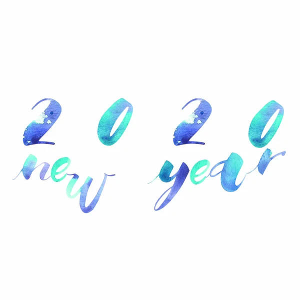 2020 Nytt år. Vintersemester bokstäver typografi för nyår 2020 firande. Akvarellillustrationer. — Stockfoto