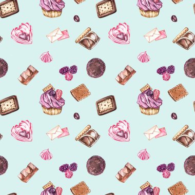 Şekerlerin kusursuz desenlerinin suluboya görüntüsü, kalp şeklinde şekerler, çikolatalar, pastalar ve zarf, Sevgililer Günü. Kartlar, baskılar, davetiyeler, doğum günü kartları için mükemmel..