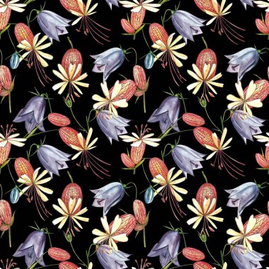 Mesane kampı ve çan çiçekleri. Çiçeklerin suluboya seti, çiçek elementleri, el çizimi botanik çizimler. Kusursuz desenler.