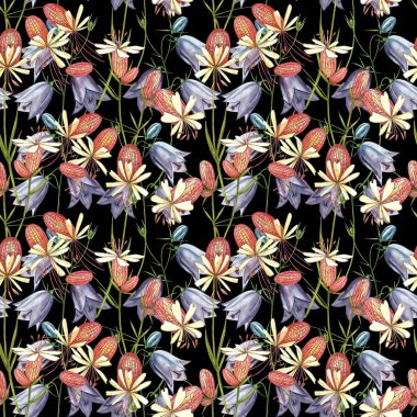 Mesane kampı ve çan çiçekleri. Çiçeklerin suluboya seti, çiçek elementleri, el çizimi botanik çizimler. Kusursuz desenler.