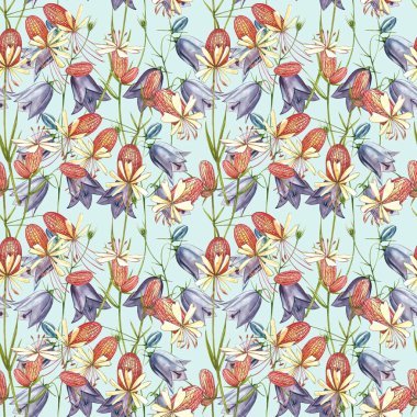 Mesane kampı ve çan çiçekleri. Çiçeklerin suluboya seti, çiçek elementleri, el çizimi botanik çizimler. Kusursuz desenler.