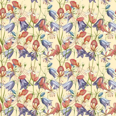 Mesane kampı ve çan çiçekleri. Çiçeklerin suluboya seti, çiçek elementleri, el çizimi botanik çizimler. Kusursuz desenler.